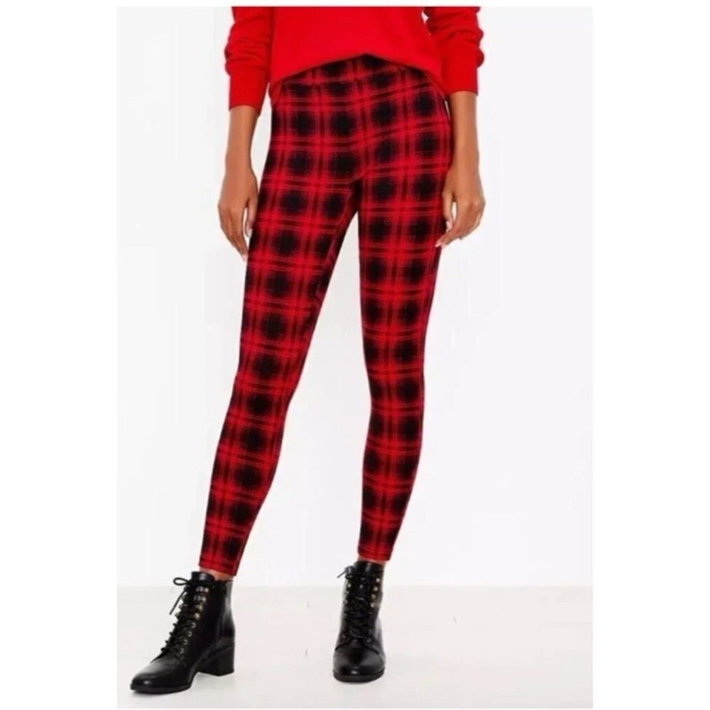 LOFT Womens XL Tall Red Black Plaid Leggings Skinny Pull On Stretch Pants Tartan